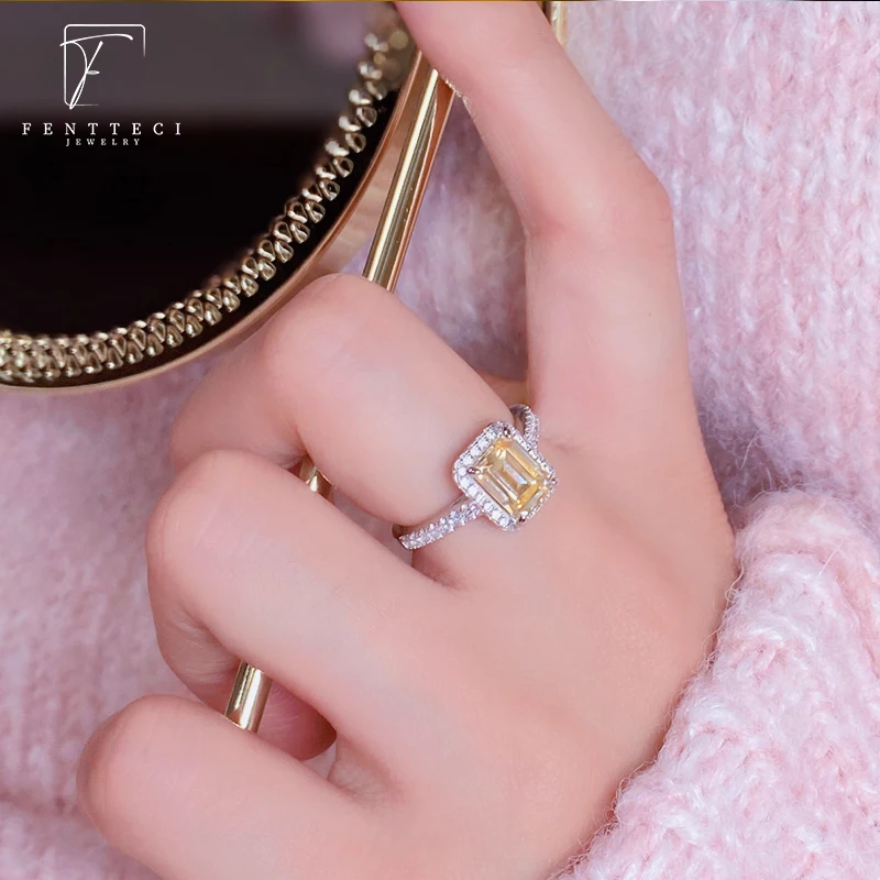 FENTTECI S925 Sterling Silver Gold Plated Square Moissanite Ring for Women Wedding Bands Anniversary Party Gift Fine Jewelry