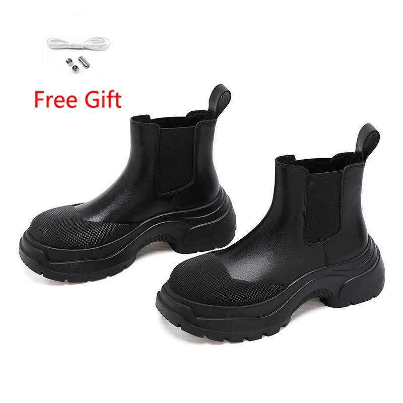 

2022 New Listing Genuine Leather British Style Casual Short Boots Thick Bottom Plus Velvet Women Martin Boots Warm Chelsea Boots