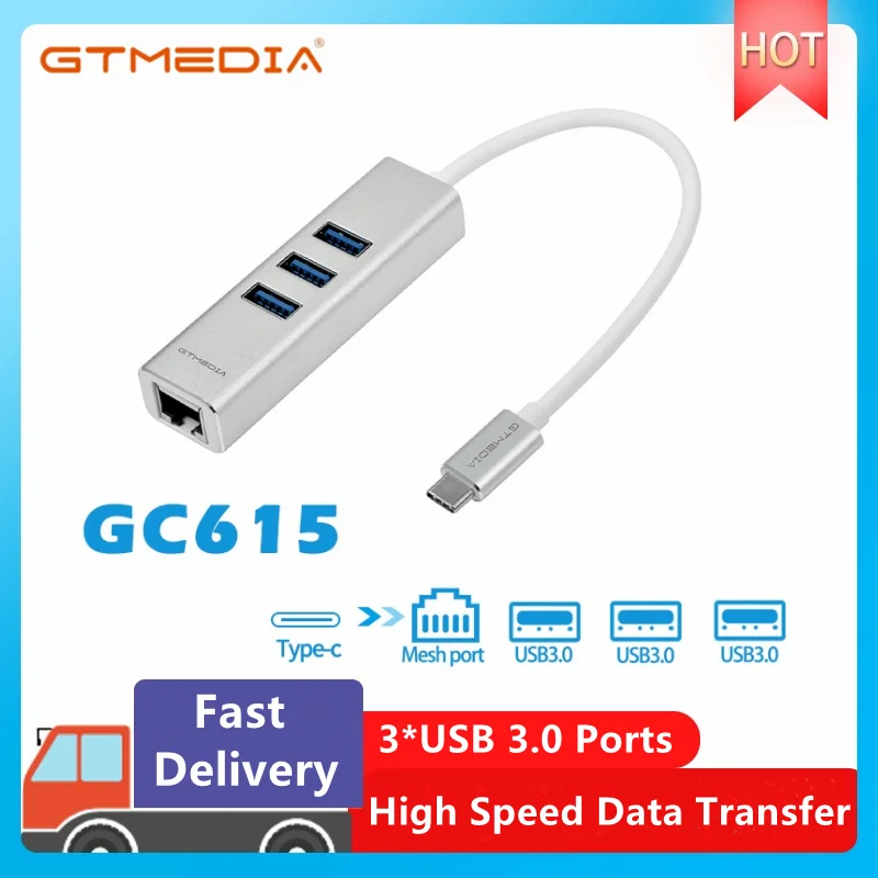 

GTMEDIA USB 3.1 HUB Aluminum USB Hub Ethernet Adapter 3 USB 3.0 Ports Network Card RJ45 And USB C Adapter for Mac Chromebook