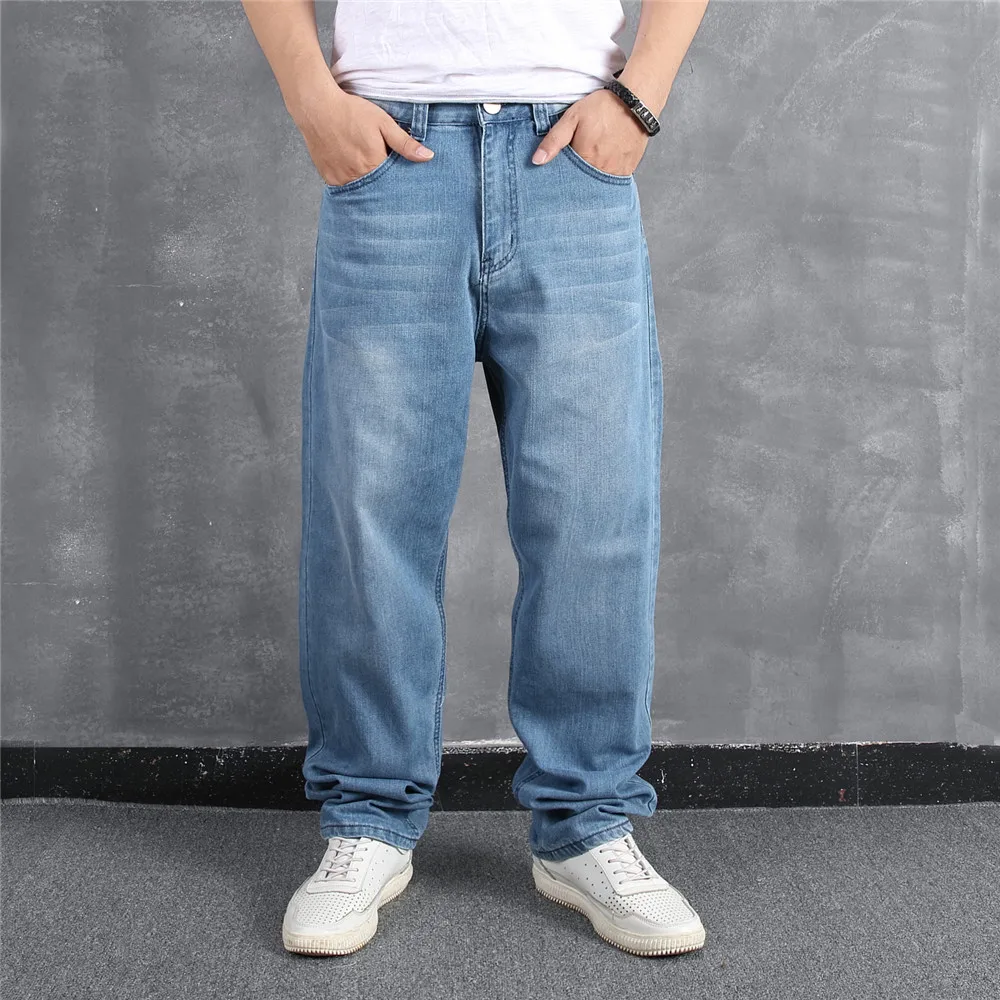 

Light Blue Men's Jeans Pants Plus Size Baggy Hip Hop Loose Skateboard Denim Jean Trousers Streetwear Plain Solid Jeans For Men