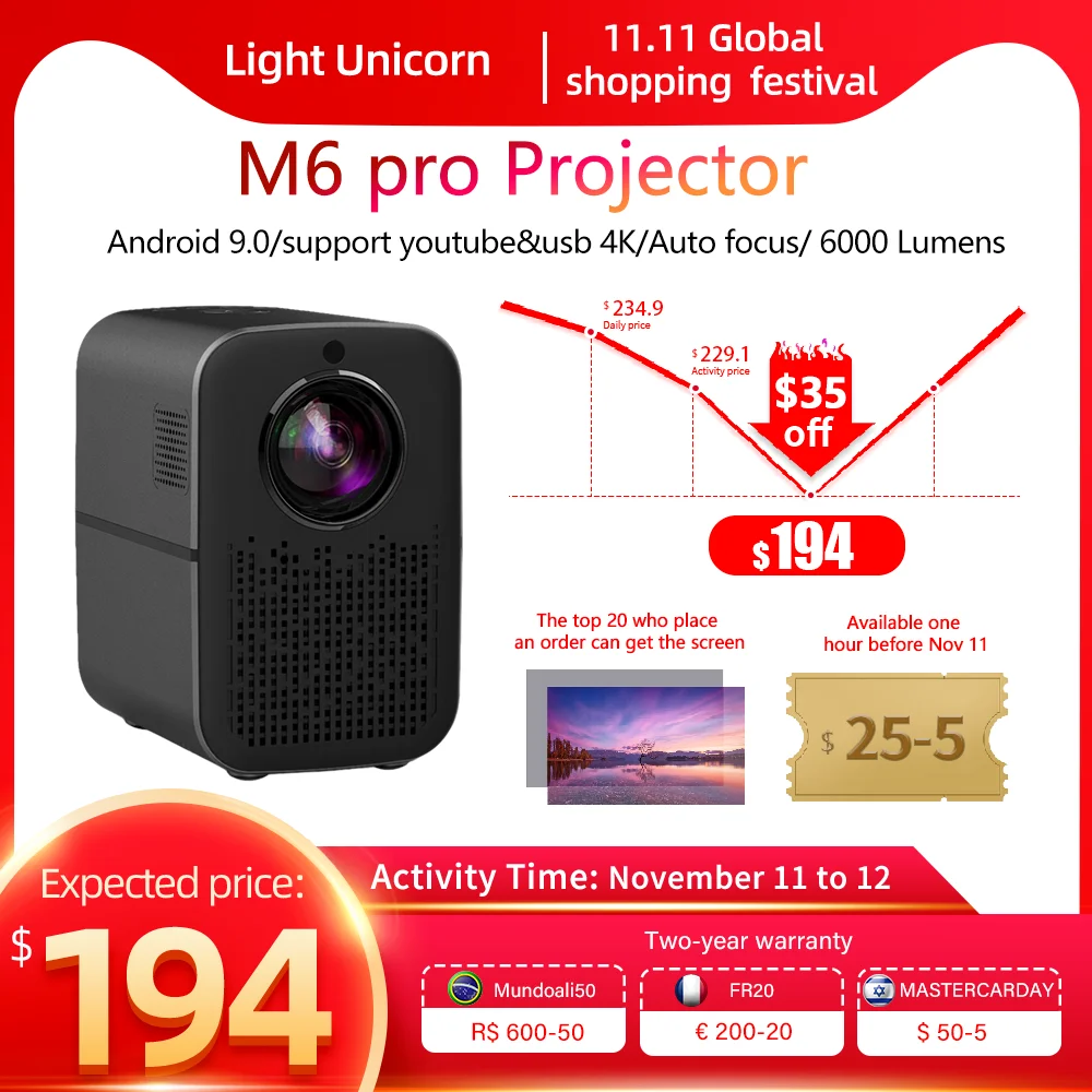 Tanie M6 PRO 1080P Projektor Wideo LED Android 9.0 6000 Lumenów 5G Wifi Beamer Elektryczny Focus 4K Kino Domowe Smartphone światło Jednorożec