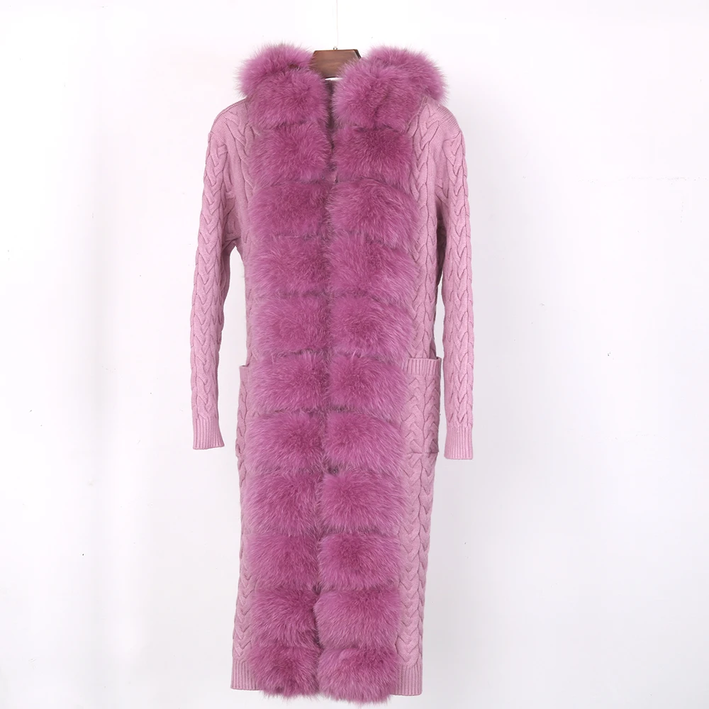 Women Natural Raccoon Bigest Real Fox Fur Hooded Fluffy Cardigan Sweater  X-Long 105-110cm length women real fox fur Coat