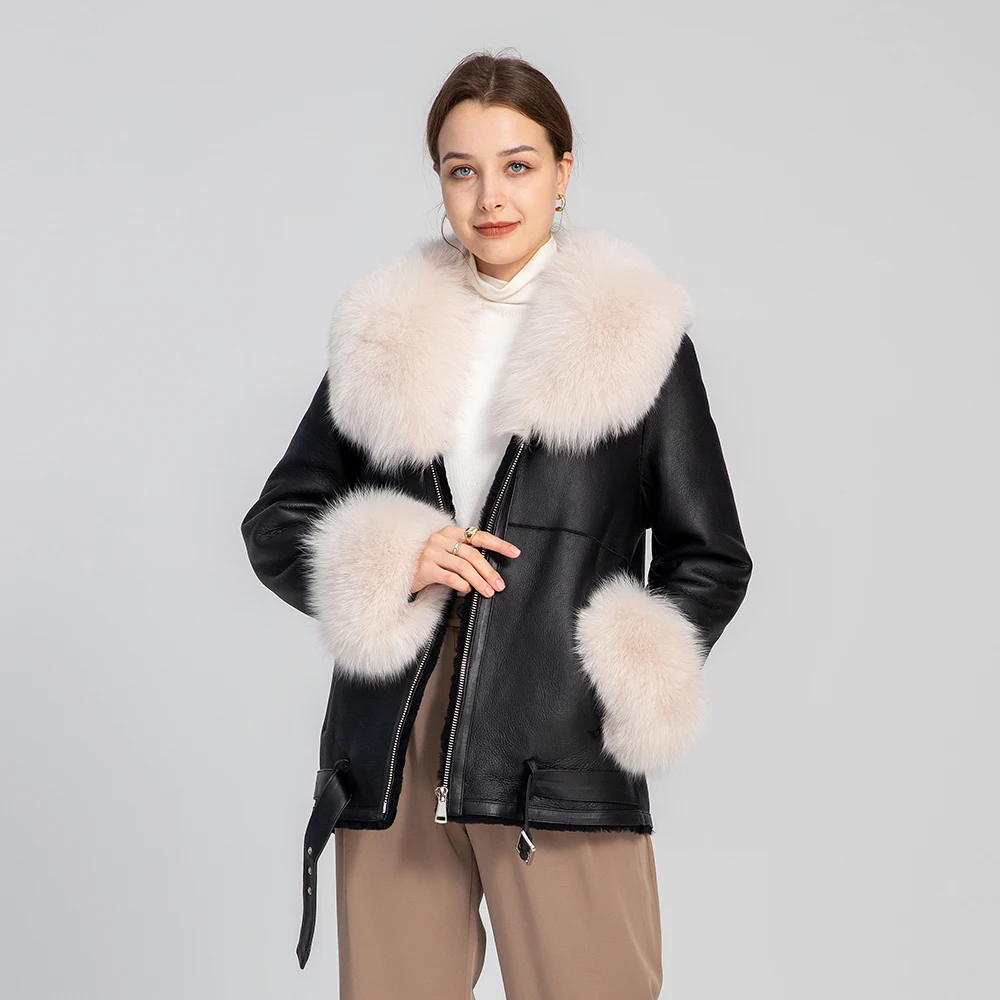Women's Real Sheepskin Shearling Coat Genuine Lamb Fur Leather Coat Real Fox Collar Double Face Jacket Winter S3625