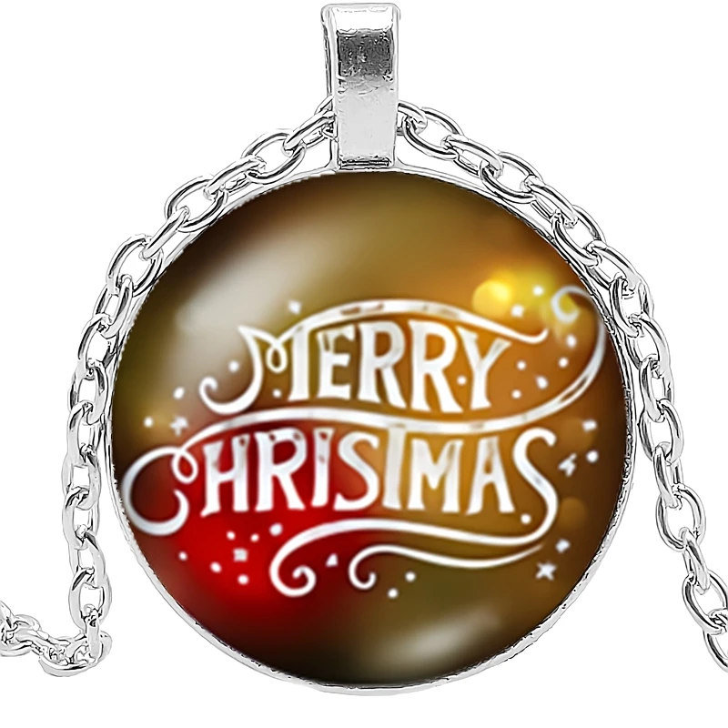

2019 Handmade Christmas Happy Letter Gift Long Necklace Glass Convex Round 25mm Pendant Necklace Fashion Sweater Chain Jewelry