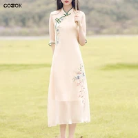 cozok champagne chinese party dress gown satin flower embroidery a line cheongsam women mandarin collar qipao vintage vestidos