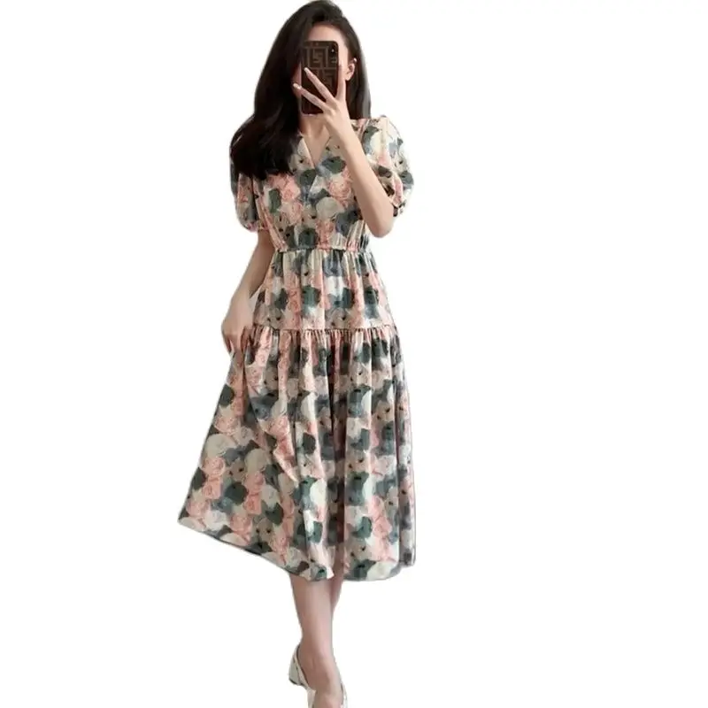

Summer Women's Clothing New Korean Style Casual Elegant Ruffle Midi Dress Fashion Slim Strap Bubble Sleeves Rose Floral Dress