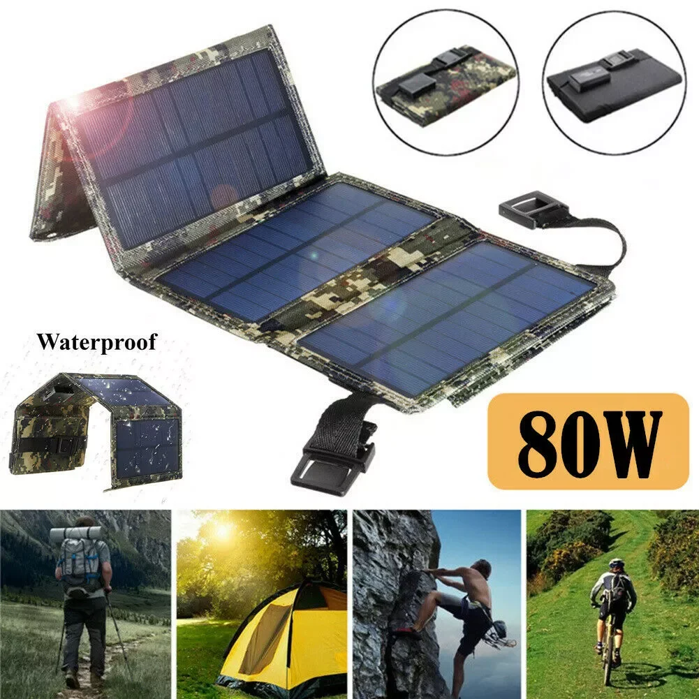 

80W USB Solar Panel Portable Folding Foldable Waterproof Power Bank Outdoor Camping Hiking Phone Charger
