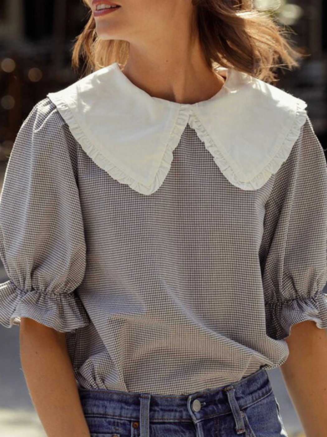 

Блузка женская клетчатая в стиле ретро, хлопковая рубашка с полурукавами-фонариками, с воротником «Питер Пэн», повседневный винтажный шика...
