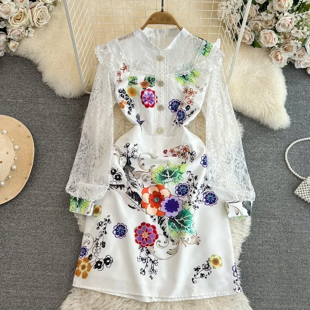 

Women Summer Dress Runway Designer Lace Stitching See Through Lantern Sleeve Stand Collar Fashion Mini Dress Vestidos N8243