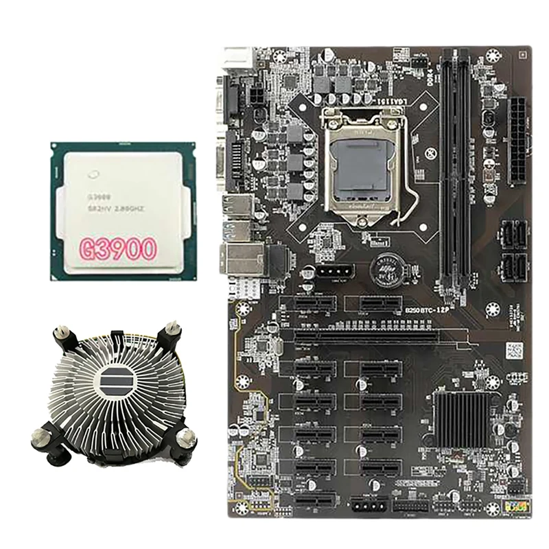 

B250 BTC Mining Motherboard with G3900 CPU+Cooling Fan 12 PCIE Graphics Slot LGA1151 DDR4 DIMM RAM SATA3.0 for Bitcoin