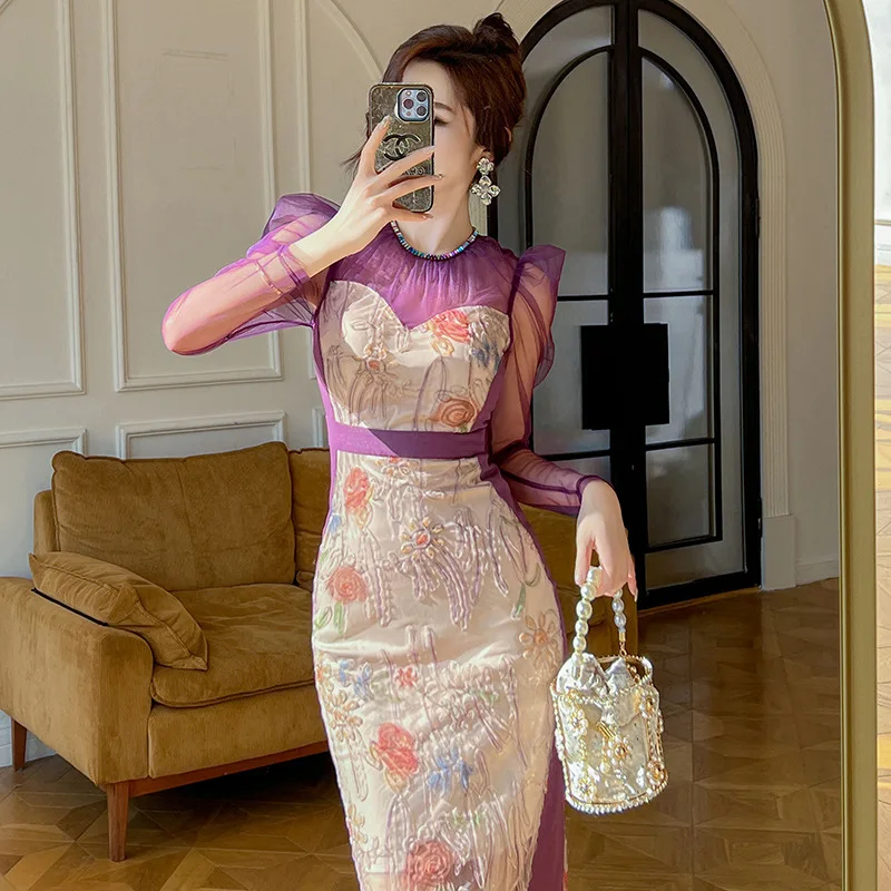 Длинное платье-футляр с принтом весеннее новое французское сетчатое платье из