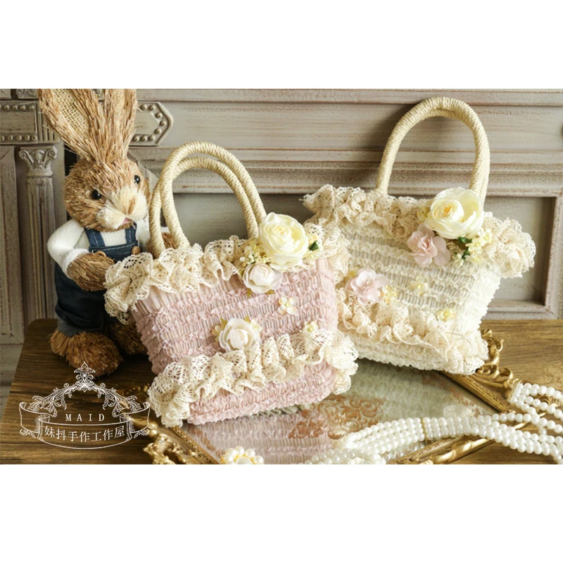 

Кружевная сумка в японском стиле "Лолита" с цветами, Милая женская сумка для косплея ручной работы, креативная пасторальная плетеная сумка р...