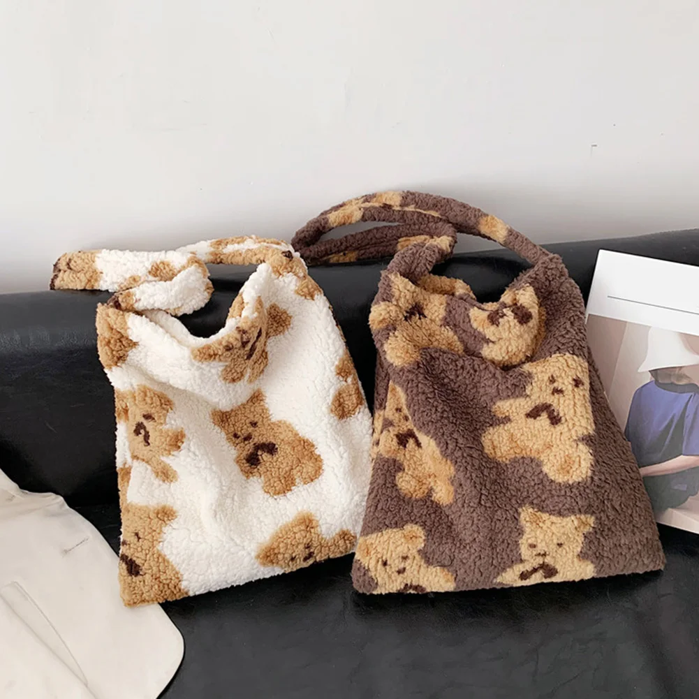 

Women Autumn Bear Pattern Totes Shoulder Bags Fashion Plush Top-handle Handbag Popular Simple Female Daily Bag