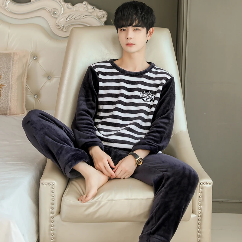 2022 Winter Long Sleeve Thick Warm Flannel Pajama Sets for Men Coral Velvet Cute Cartoon Sleepwear Suit Pyjamas Homewear Clothes