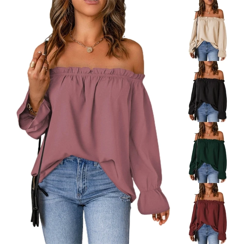 

Women Flounce Long Sleeve Chiffon Blouses Off Shoulder Frill Trim Loose Shirts