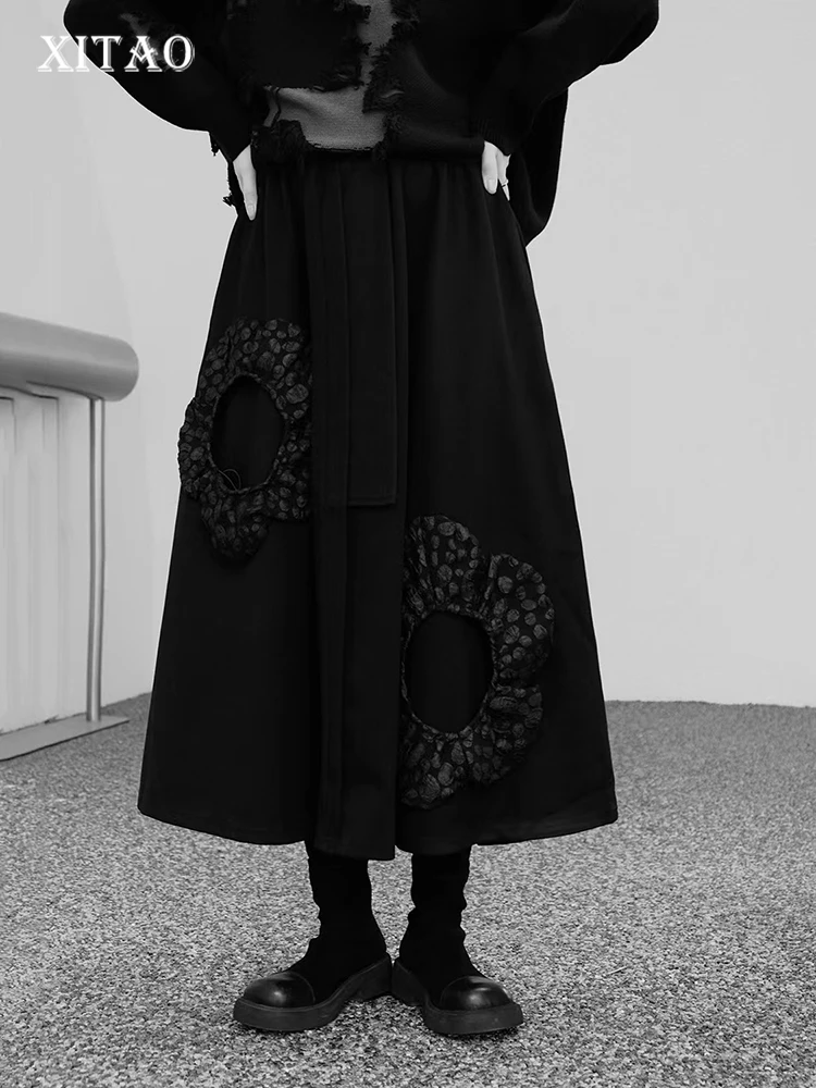 XITAO Black Casual Skirt Loose Fashion Asymmetrical Flower Splicing Decorate Bandage All-match Women 2022 Winter New ZY8293