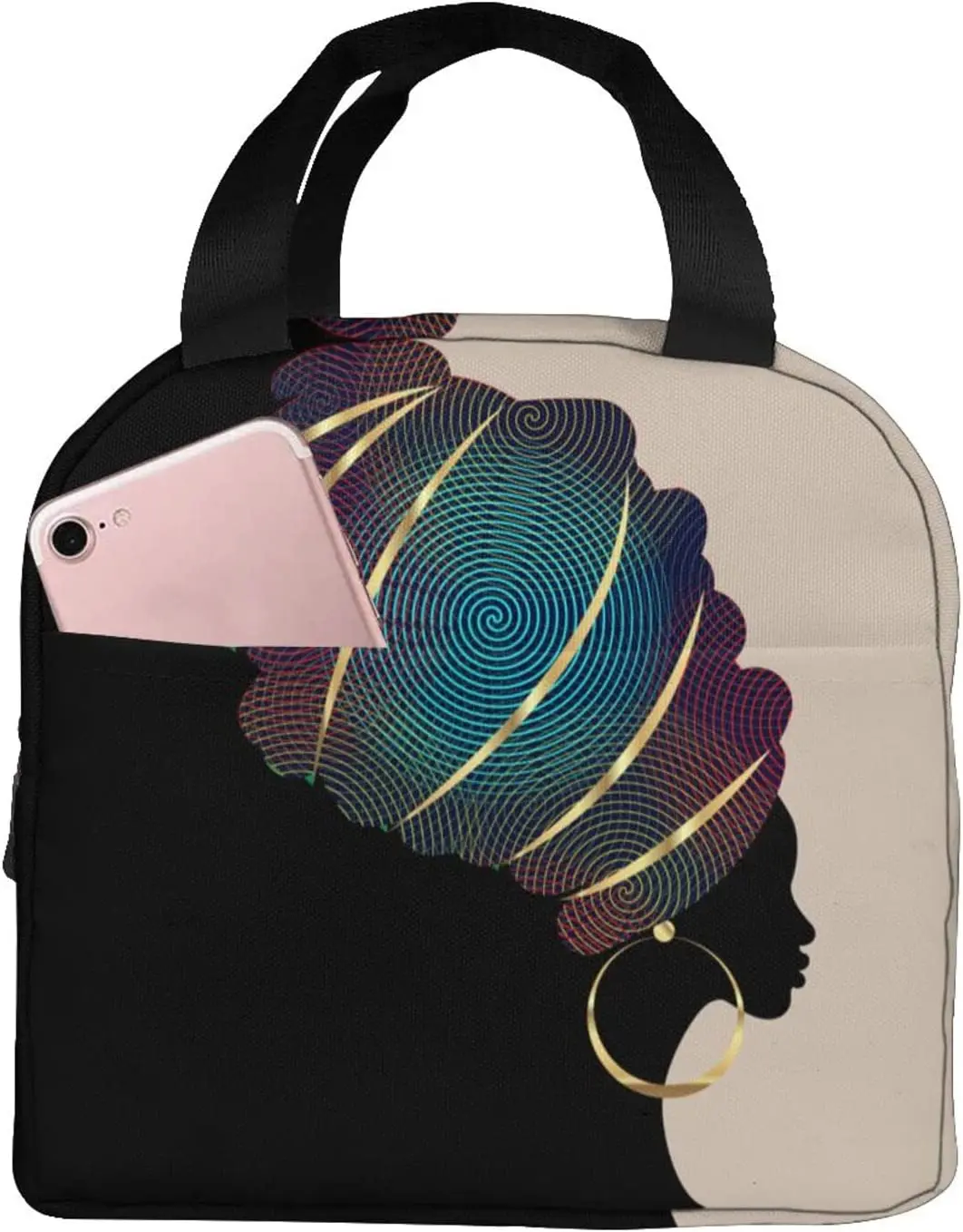 

Afro American Woman Insulated Lunch Bag Leak Proof African Black Girl Tote Lunch Box with Zipper for Women Men Picnic Office