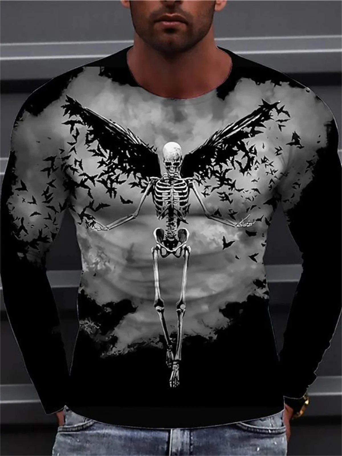 

New Angel Skull Men's Long Sleeve T-Shirt, European and American Casual T-Shirt, Gradient Printing Autumn Men's Casual Sports Me