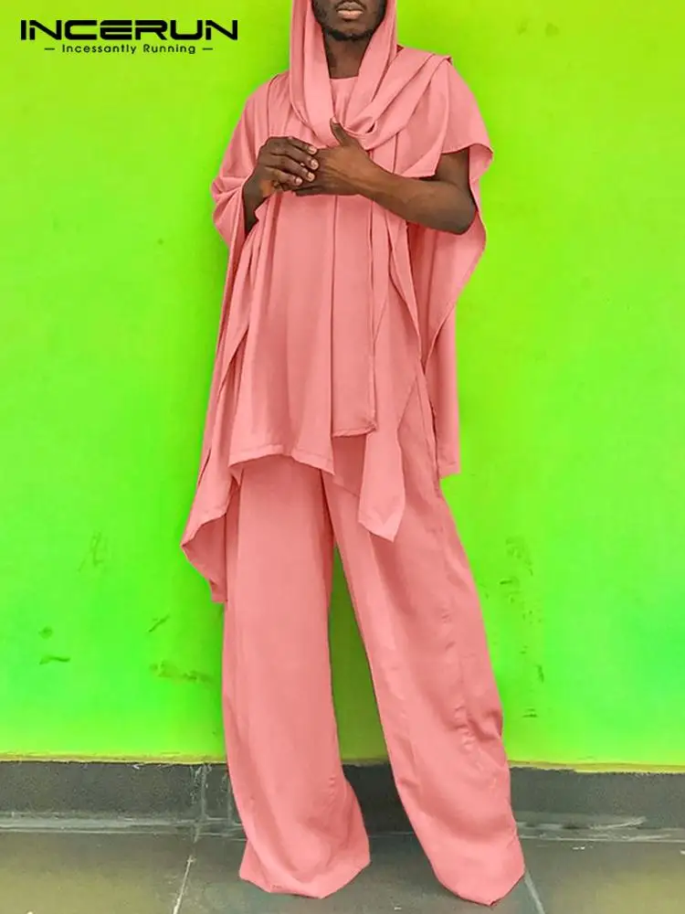 

Men's Mid-length Tops Loose Fashionable Wide-leg Trousers Muslim Style Pullover Irregular Solid Suit 2 Pieces S-5XL INCERUN 2022