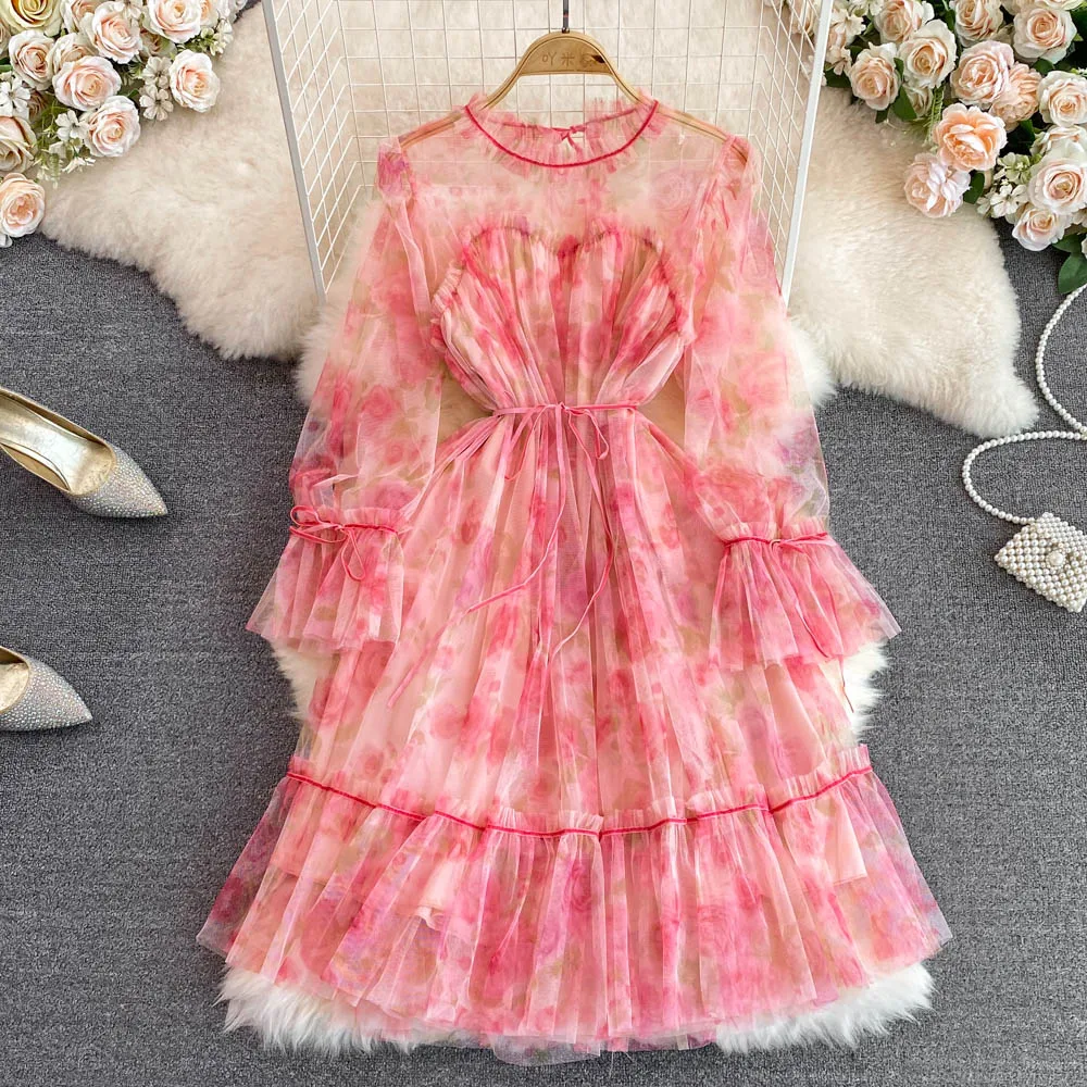 

Женское платье с длинным рукавом, элегантное Сетчатое ТРАПЕЦИЕВИДНОЕ ПЛАТЬЕ с облегающей талией и круглым вырезом, модель 2023 на осень, 2023