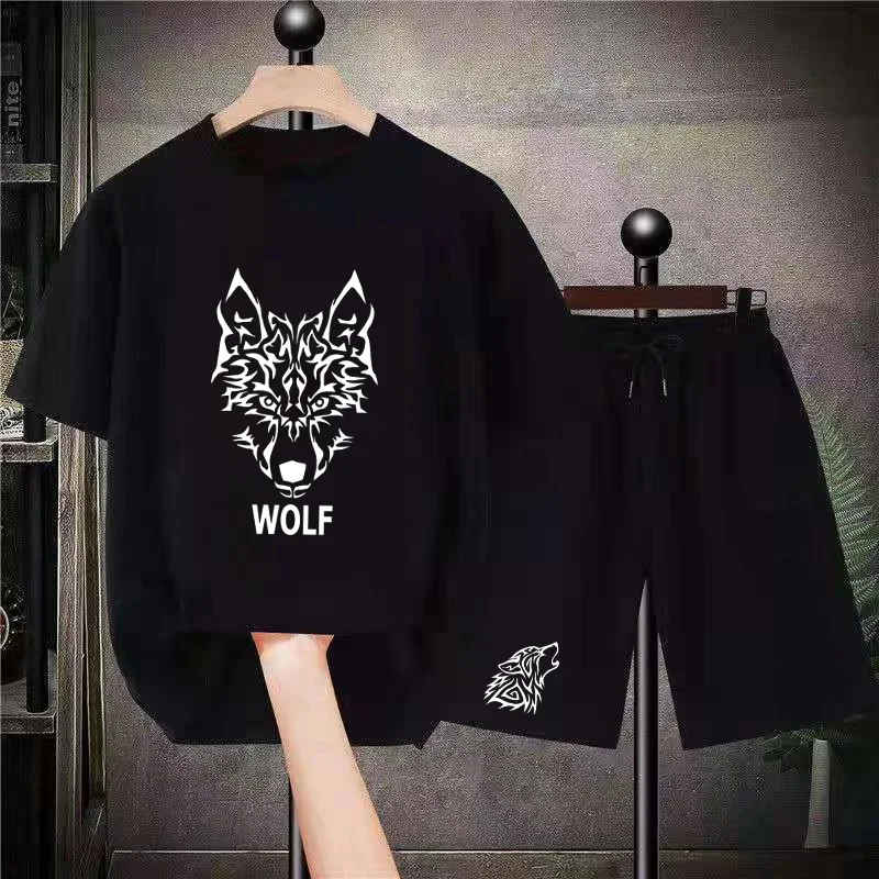 

Волк напечатал Tshirt Tracksuit 2 шт моды роскошные футболки марки T футболки прохладный дизайн большой спортивной одежды японских мужчин футболки ...