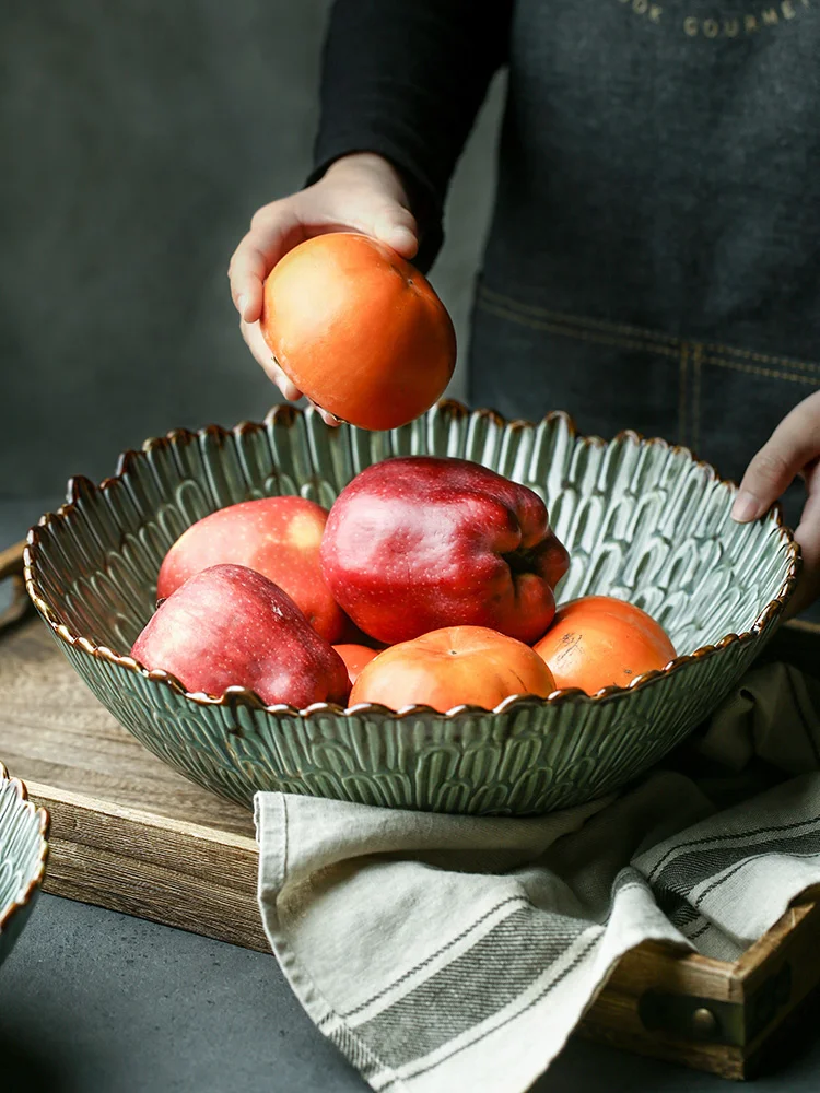 

Creative Retro Embossed Ceramic Fruit Plate Sashimi Plate Large Salad Soup Bowl Living Room Fruit Plate Candy Basin