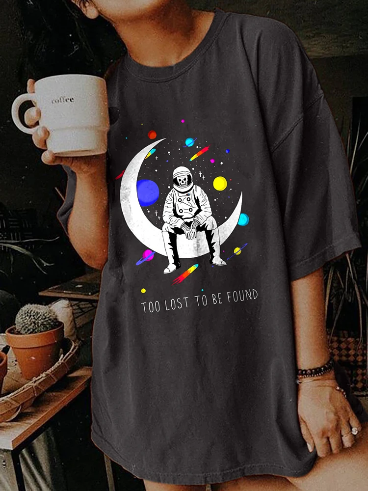 

Seeyoushy Too Lost To Be Found Astronaut Skeleton Skulls Print Women Tshirt Drop Shoulder Summer Top 90s Vintage Old Graphic Tee