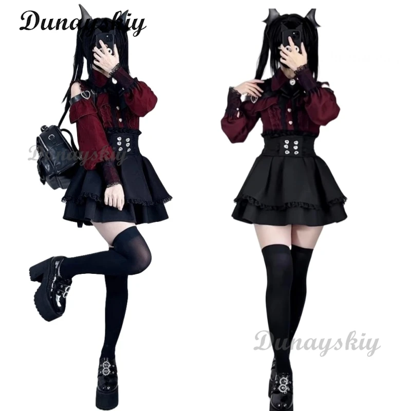 Фото Jirai kei Outfit Lolita Girls Blouse Top Женская рубашка с длинным рукавом Kawii Bow Черные юбки Рубашки Y2K Sweet Japanese Lady Style Set №1