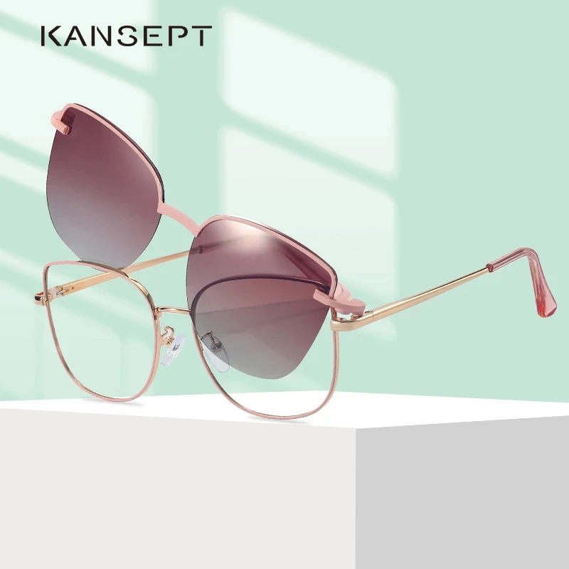 

KANSEPT Cat Eye Women Glasses Frame Clip on Sunglasses Designer Retro Spectacle Frames Magnetic Optical Myopia Polarized Eyewear