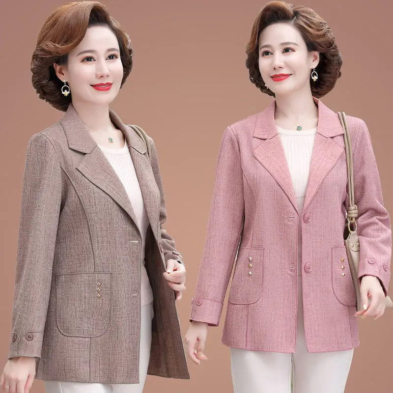 

Middle-Aged Mother Wear Spring Autumn 2023 New Small Suit Loose Casual Blazer Female Long-Sleeved Jacket Top Plaid Coats L08