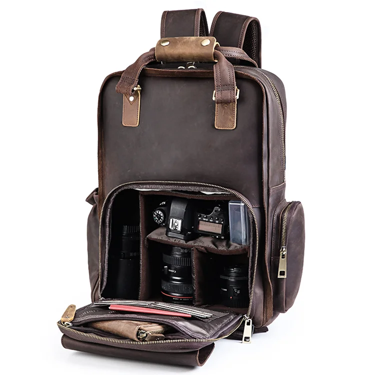 

Vintage Waterproof Crazy Horse Genuine Leather Camera Backpack Dslr Camera/Video Bag