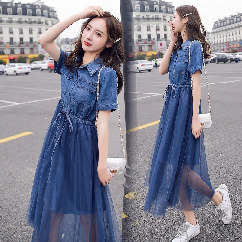 

Summer Denim Shirt Dress High Waist Short Sleeve Vintage Mesh Patchwork Dresses Women Clothes Long Dresses Vestidos Robe E46