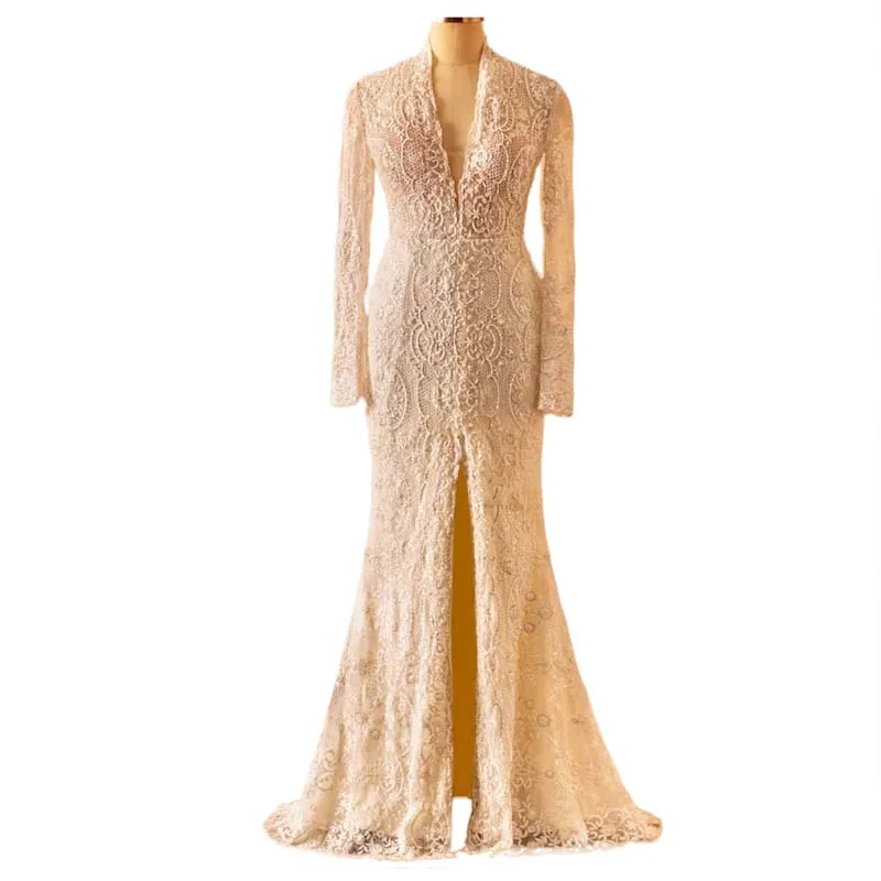 

Champagne Boho Wedding Dresses Mermaid V-neck Long Sleeves Lace Beaded Slit Spain Wedding Gown Bridal Dress Vestidos De Novia