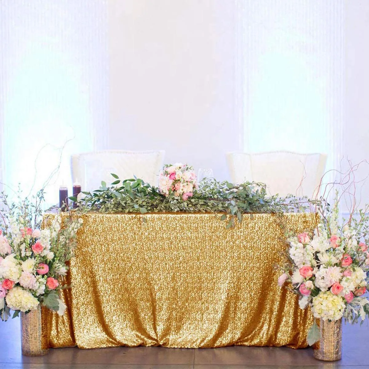 

Sequin Tablecloth Rectangular Gold 90X132 inch Glitter Shimmer Tablecloth for Wedding Baby Shower Birthday Party Dinners Decor