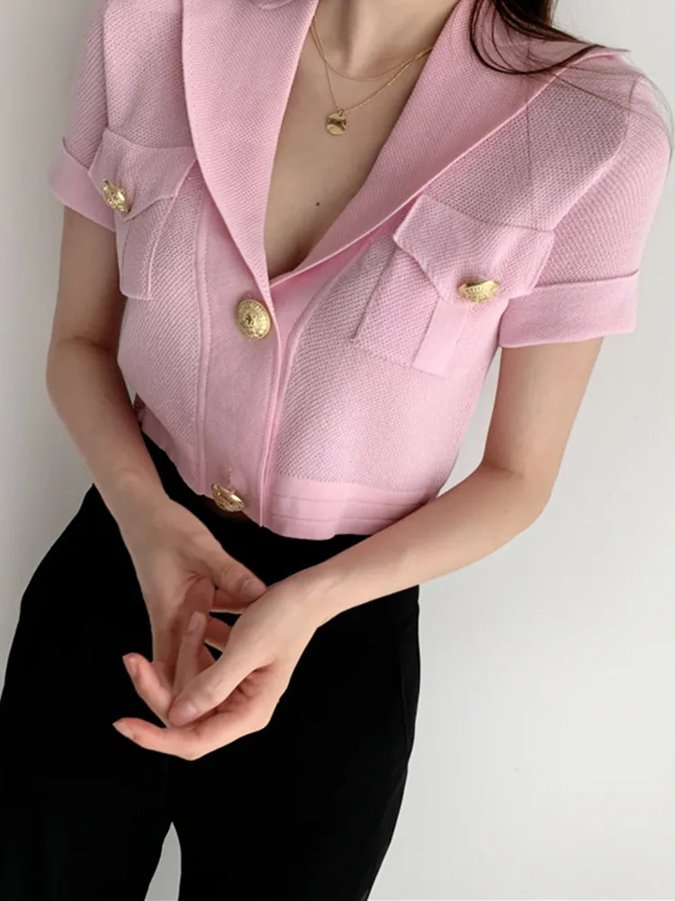 

Cardigan Fashion Sweater Pocket Tops Femme New Knitted Short 2022 Korean Knit Lapel Sleeve Ladies Women Thin Summer Tshirt