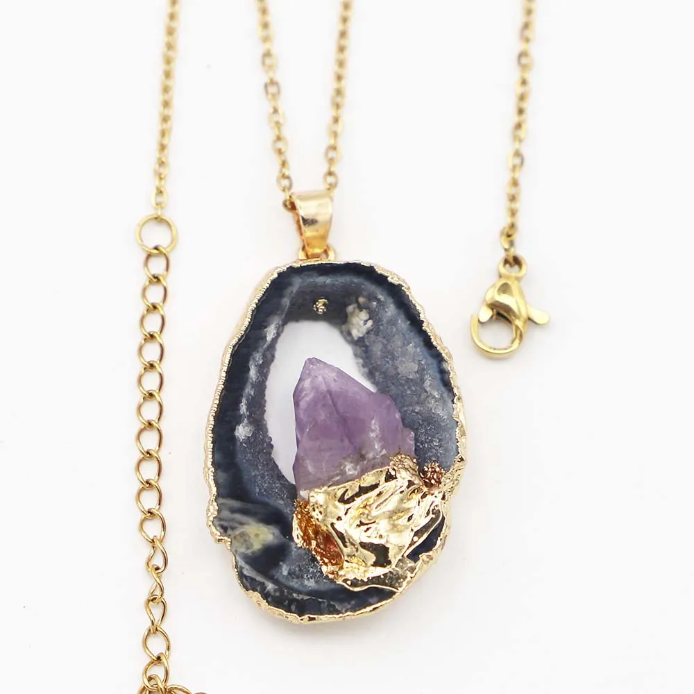 

Fashion Black Cut Stone Geode Agate Pieces Inlaid With Natural Stone Purple Crystal Dots Irregular Shape Package Gold Rim Neckla