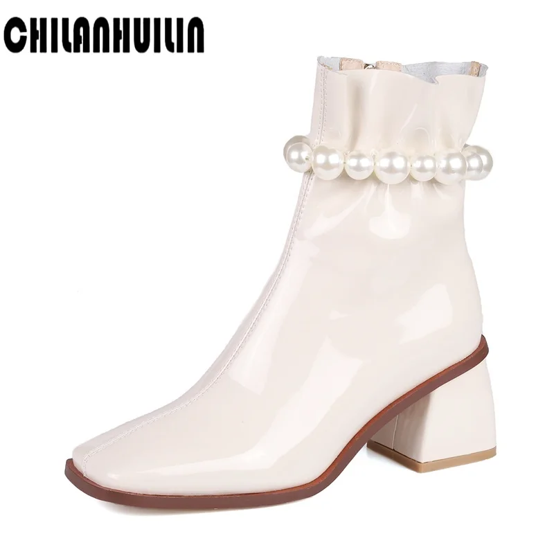 

chelsea boots beading strap chain soft leather boots autumn winter chunky heel motorcycle boots ankle boots woman dress pumps