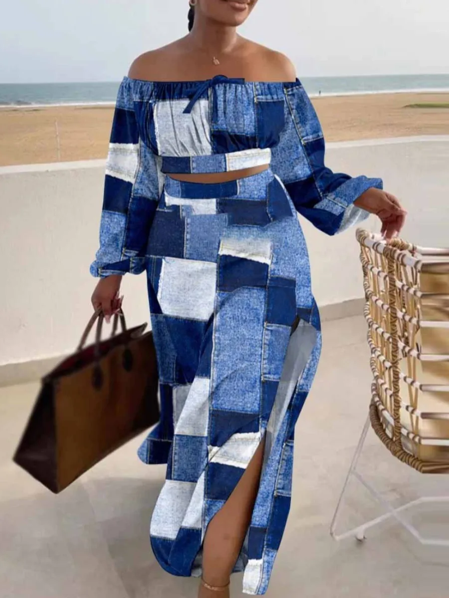 

LW Oversize Sexy Elegant Off The Shoulder Two Piece Dress 2023 Autumn Women Y2K Clothes Long Sleeve Plaid Print Slit Skirt Set