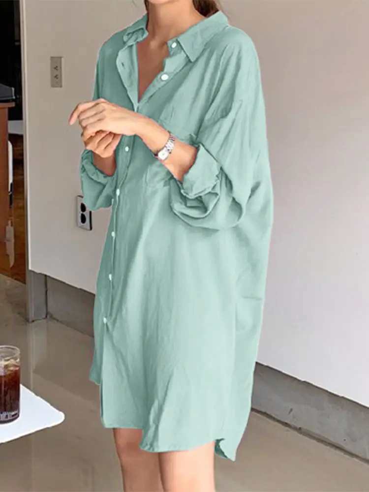 Женское Однотонное Платье-рубашка Zanzea Летнее Платье Миди В Корейском Стиле С