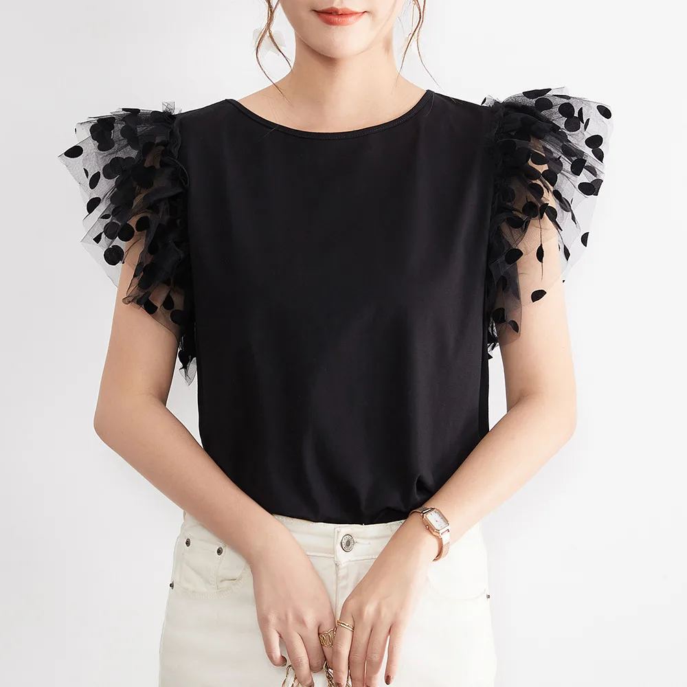 

Women T-Shirt Summer 2022 Ruffled Sleeve Polka Dots Mesh See-Through Fashion Round Neck Short Sleeve Female Casual Tops T Shirts