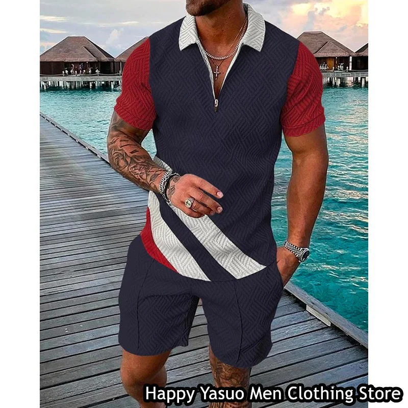 New Summer Men Fashion Polo Shirt Set 2 Pieces Casual Tracksuit Turn Down Collar Zipper Outfit Male Suit Retro Style Clothing