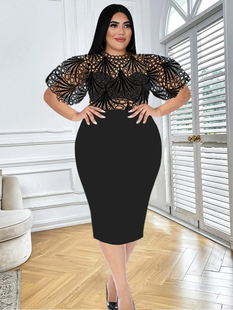

Plus size Women Dress Hollow Out Lace Patchwork Short Lantern Sleeve Sexy Package Hip Slim Party Celebrate Elegant Vestido Event