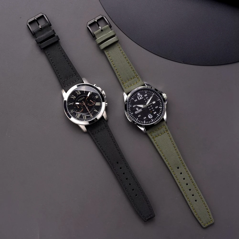EACHE Popular Leather Sailcloth Watch Strap For Men 20mm 21mm 22mm Army Green Black Cordura Watchband Silver Color Pin Buckle