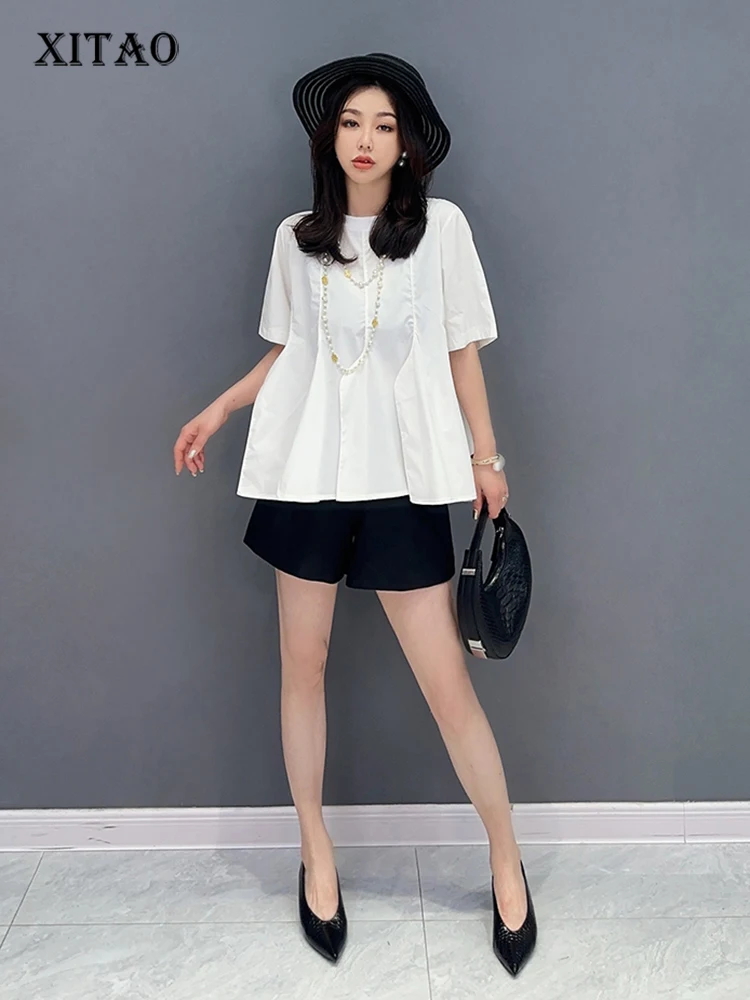 

XITAO Women Advanced Sense Shirt Irregular Folds Patchwork Solid Color Temperament Top Summer New Irregular Design WLD11546