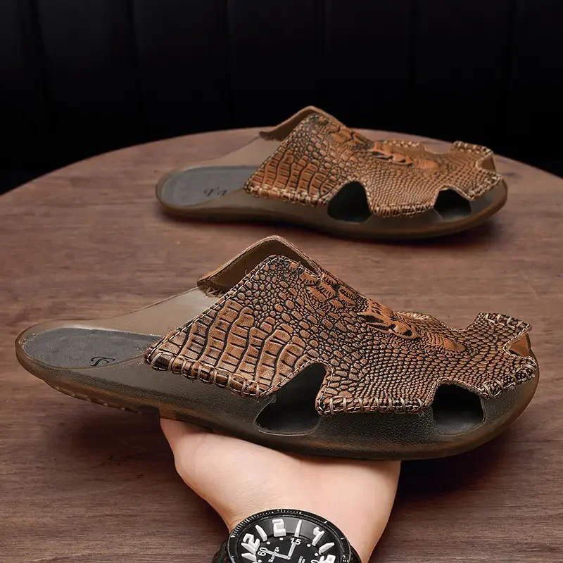 

Men Shoes High Quality Genuine Leather Men Sandals Slip-on Beach Men Slippers Male Slippers Wear-resistant Soft Plus Size 48