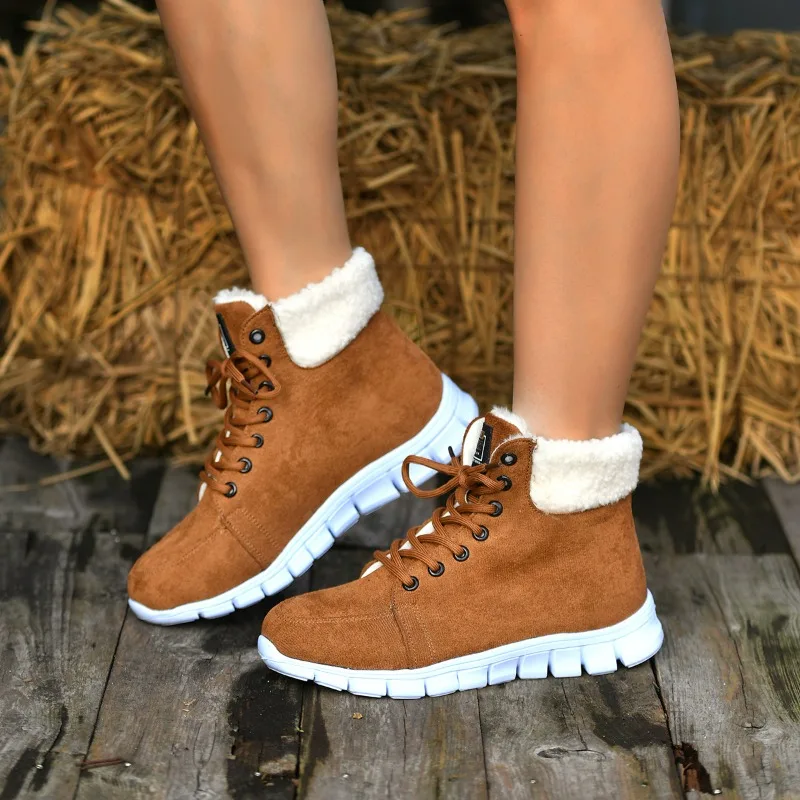 

Hot Selling Large Size Warm Women's Boots 2023 Winter Short Tube Round Head Tie Up British Style Flanged Casual Women's Boots