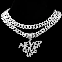 punk iced out crystal never give up letter pendant necklace for women men miami chunky cuban link chain necklace hip hop jewelry