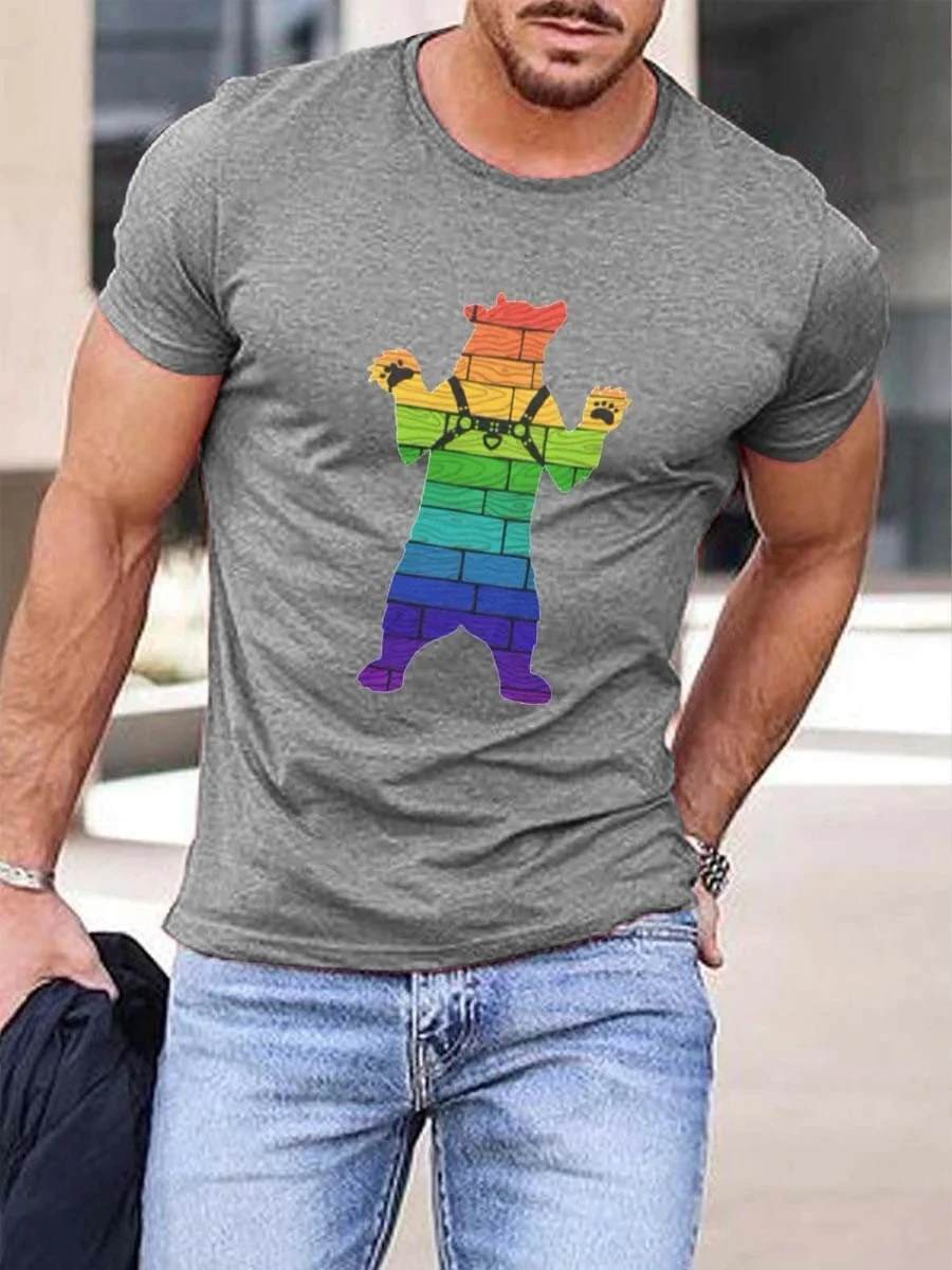 

2023 Summer Men's Printed Casual Crew Neck Short Sleeve T-Shirt Men's Rainbow Bear Print T-Shirt 3D Printed T Shirt