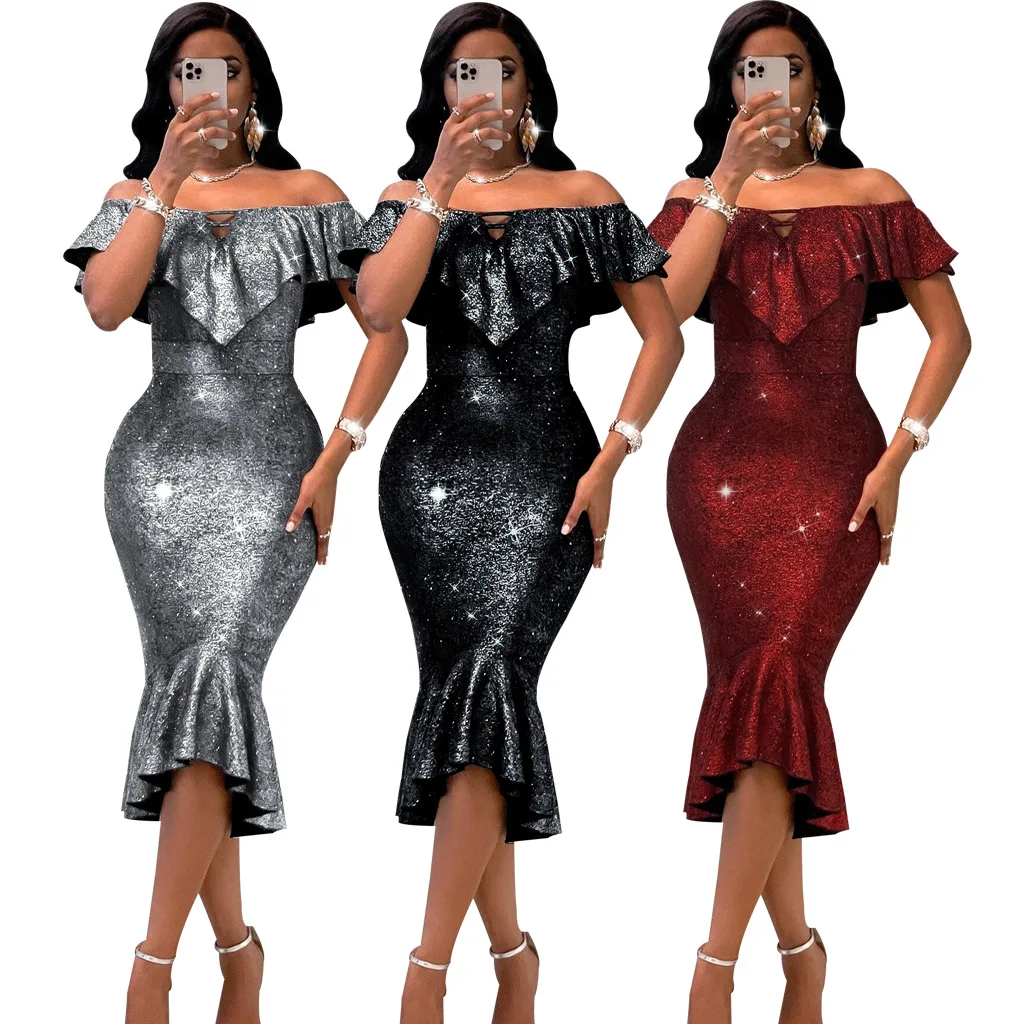 

Summer Sexy Strapless Mermaid Dress Women Fashion Bodycon One Word Collar Party Nightclub Evening Dresses Female Vestido