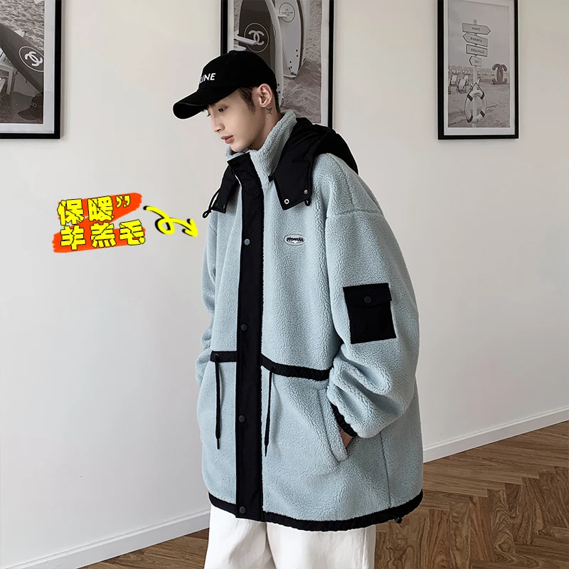 Harajuku Style Patchwork Fleece Jacket for Men Winter Fashion Trends Streetwear Teenage Oversized Hooded Coats Windproof Clothes